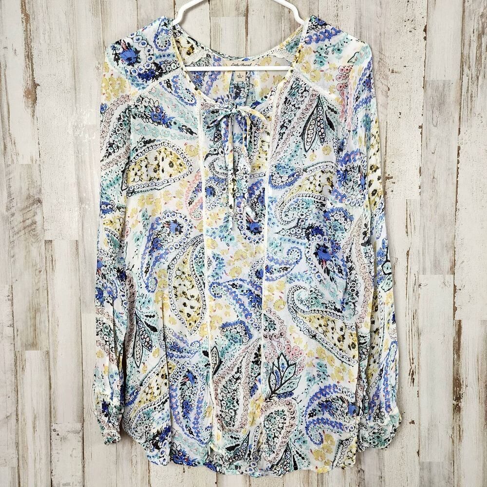 Lucky Brand Long Sleeve Paisley Tie Blouse Size Large